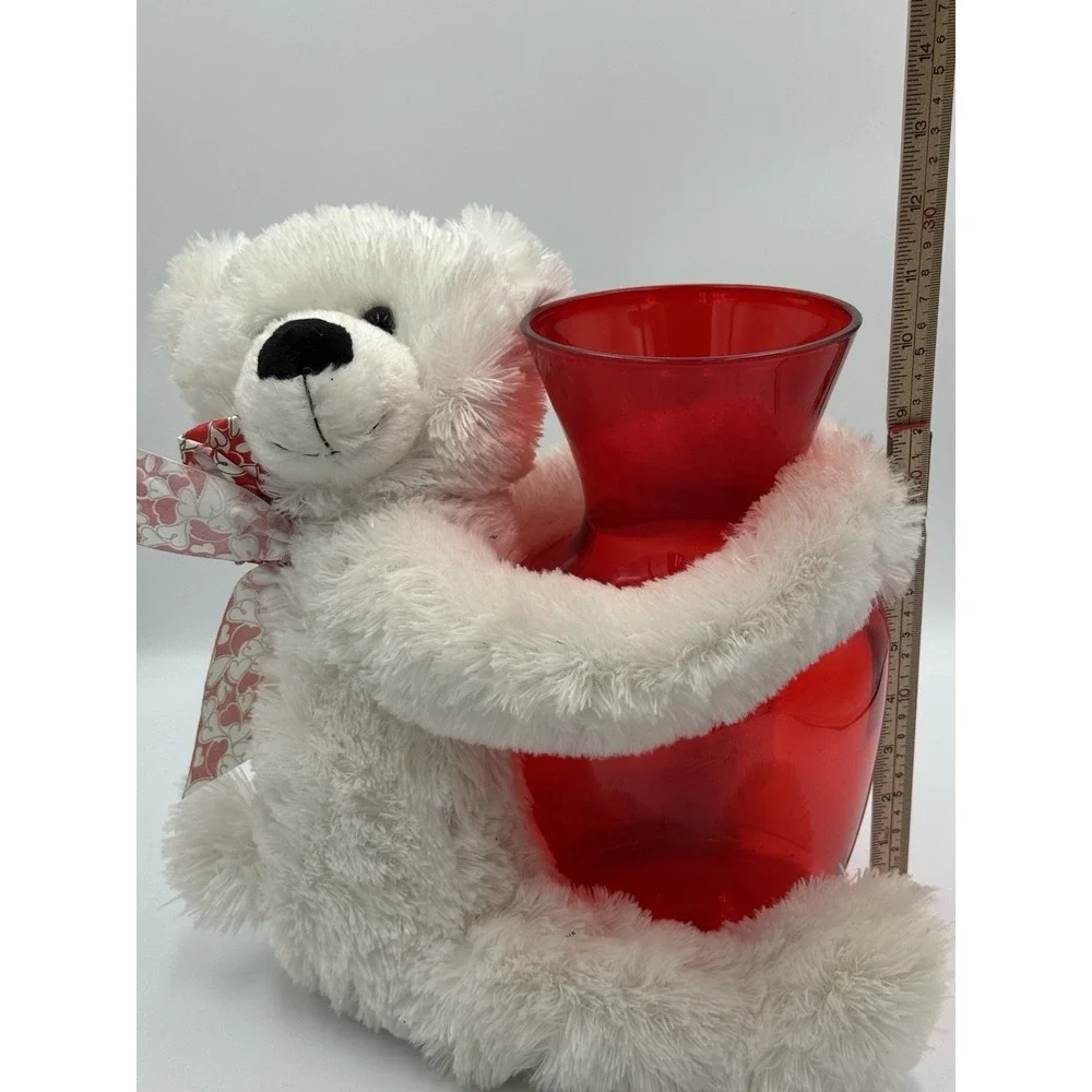 White Bear Vase Hugger Plush With Red Vase